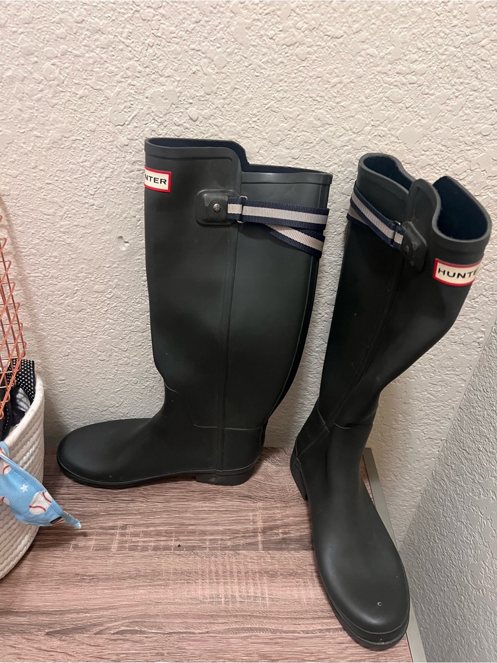 Hunter Tall Dark Grey Rubber Rain Boots with Navy Stripe Detail